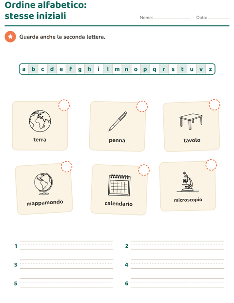 Anteprima della scheda di Ordine alfabetico con Aula 2 (B/N) per Scuola primaria classe prima