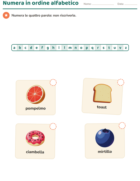 Anteprima della scheda di Ordine alfabetico con Colazione per Scuola primaria classe prima