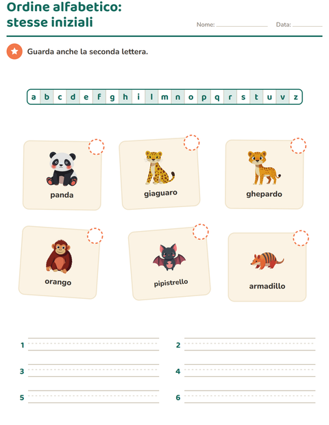 Anteprima della scheda di Ordine alfabetico con Animali dello zoo per Scuola primaria classe prima