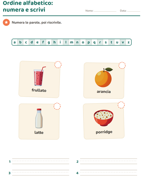 Anteprima della scheda di Ordine alfabetico con Colazione per Scuola primaria classe prima