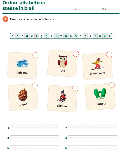 Anteprima della scheda di Ordine alfabetico con Inverno per Scuola primaria classe prima