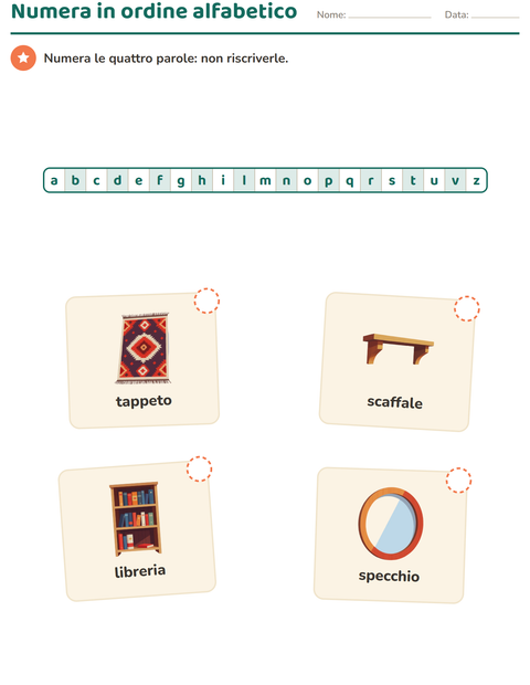 Anteprima della scheda di Ordine alfabetico con Mobili per Scuola primaria classe prima