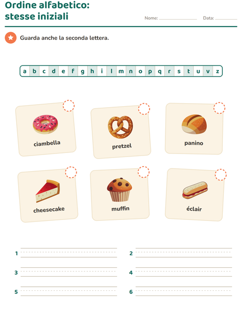 Anteprima della scheda di Ordine alfabetico con Panetteria per Scuola primaria classe prima