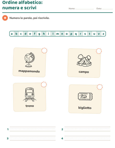 Anteprima della scheda di Ordine alfabetico con Viaggi e Vacanze BN per Scuola primaria classe prima
