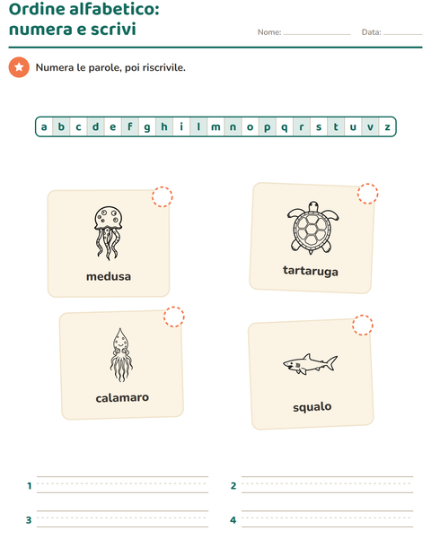 Anteprima della scheda di Ordine alfabetico con Vita marina BN per Scuola primaria classe prima