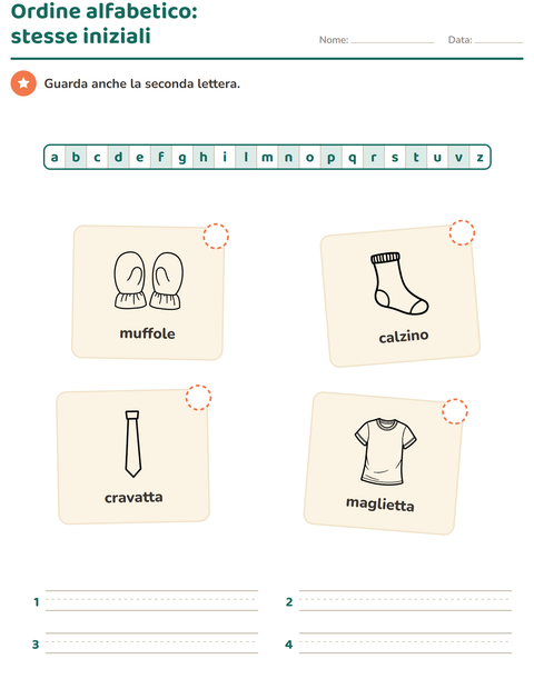 Anteprima della scheda di Ordine alfabetico con Abbigliamento BN per Scuola primaria classe prima