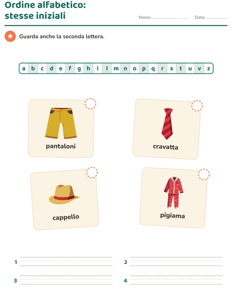 Anteprima della scheda di Ordine alfabetico con Abbigliamento per Scuola primaria classe prima