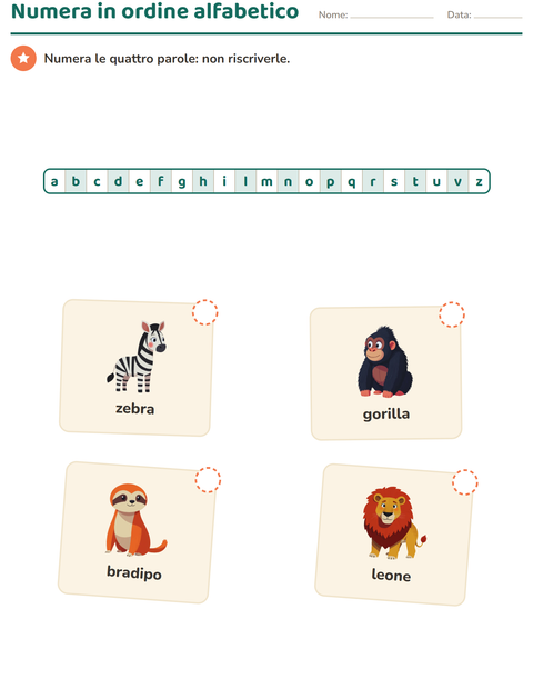 Anteprima della scheda di Ordine alfabetico con Animali dello zoo per Scuola primaria classe prima