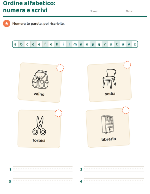 Anteprima della scheda di Ordine alfabetico con Aula 2 (B/N) per Scuola primaria classe prima
