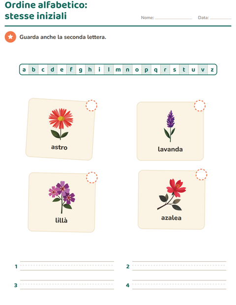 Anteprima della scheda di Ordine alfabetico con Fiori per Scuola primaria classe prima