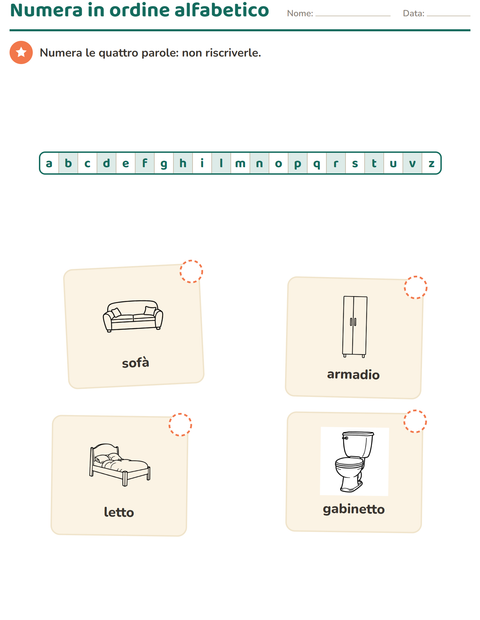 Anteprima della scheda di Ordine alfabetico con Casa BN per Scuola primaria classe prima