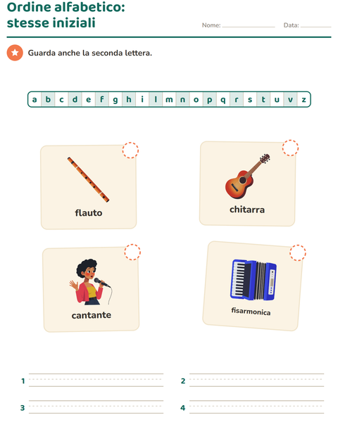 Anteprima della scheda di Ordine alfabetico con Musica per Scuola primaria classe prima