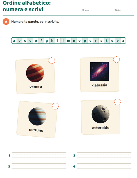 Anteprima della scheda di Ordine alfabetico con Spazio per Scuola primaria classe prima
