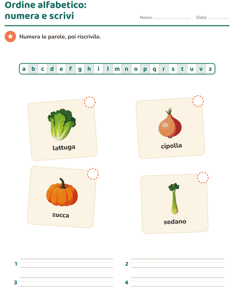 Anteprima della scheda di Ordine alfabetico con Verdure per Scuola primaria classe prima