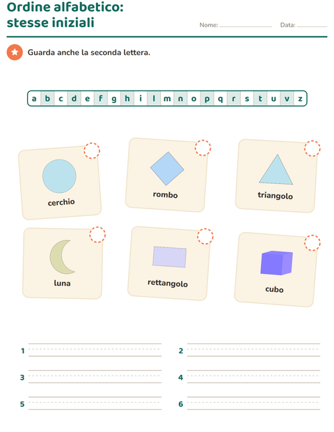 Anteprima della scheda di Ordine alfabetico con Forme per Scuola primaria classe prima