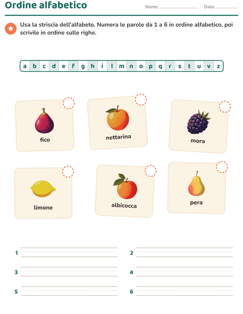 Anteprima della scheda di Ordine alfabetico con Frutta per Scuola primaria classe prima