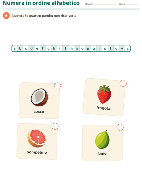 Ordine alfabetico: numera quattro nomi di frutta, senza righe da riscrivere