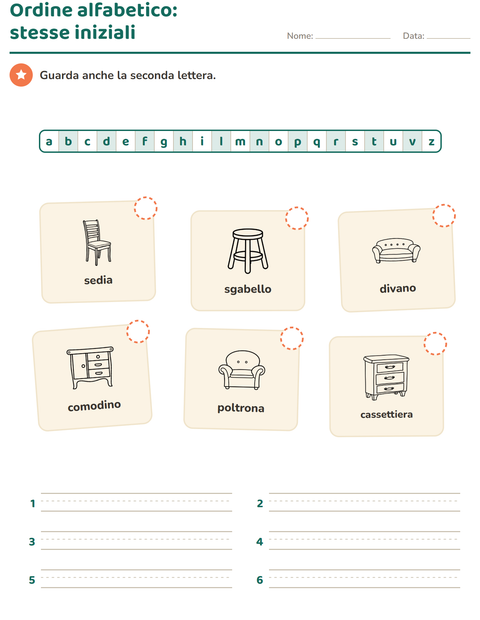 Anteprima della scheda di Ordine alfabetico con Mobili BN per Scuola primaria classe prima