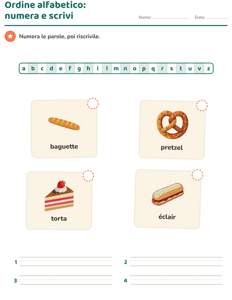 Anteprima della scheda di Ordine alfabetico con Panetteria per Scuola primaria classe prima