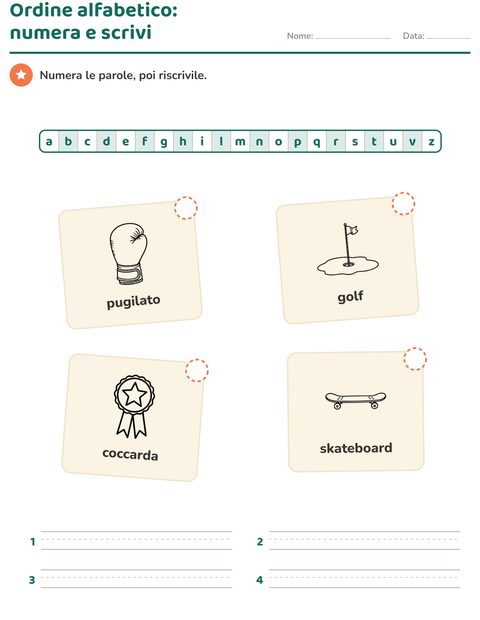 Anteprima della scheda di Ordine alfabetico con Sport BN per Scuola primaria classe prima