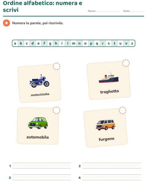 Ordine alfabetico: numera quattro veicoli e riscrivili sulle righe