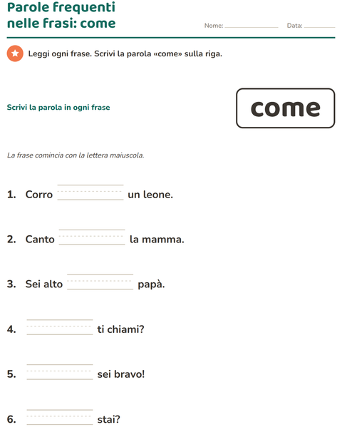 Anteprima della scheda di Parole frequenti per Scuola dell'infanzia (5-7 anni)