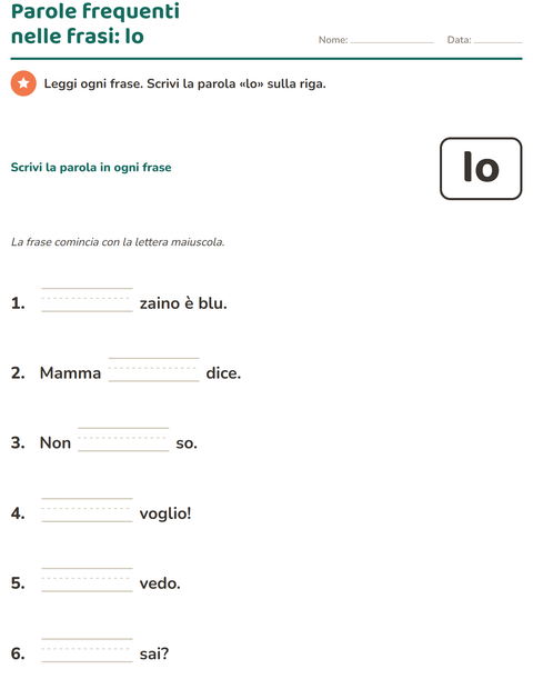 Anteprima della scheda di Parole frequenti per Scuola dell'infanzia (5-7 anni)