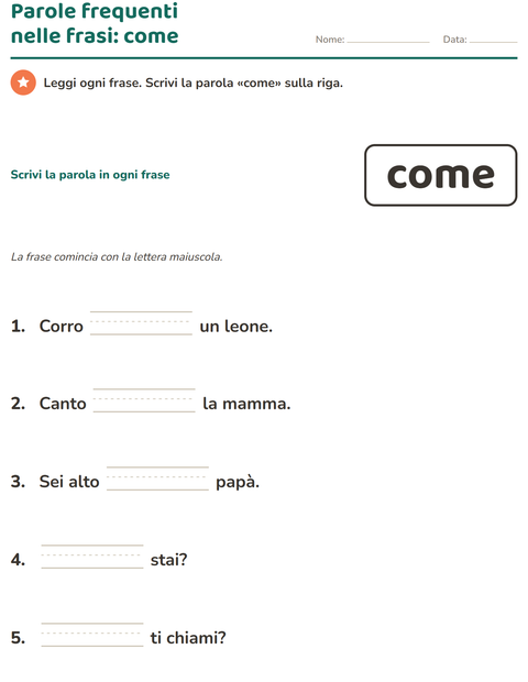 Anteprima della scheda di Parole frequenti per Scuola dell'infanzia (5-7 anni)