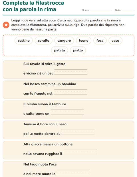 Anteprima della scheda di Parole in rima per Scuola primaria classe prima