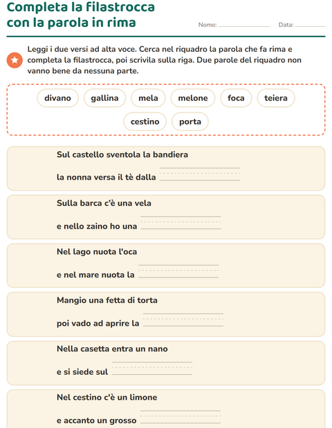 Anteprima della scheda di Parole in rima per Scuola primaria classe prima
