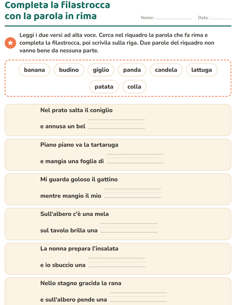 Anteprima della scheda di Parole in rima per Scuola primaria classe prima
