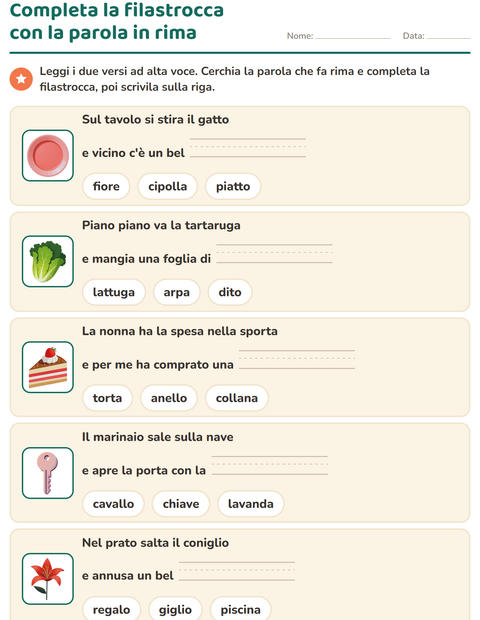 Anteprima della scheda di Parole in rima per Scuola primaria classe prima