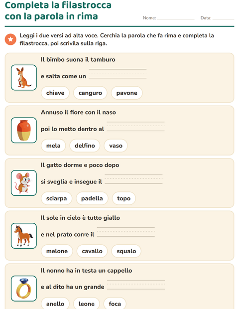 Anteprima della scheda di Parole in rima per Scuola primaria classe prima
