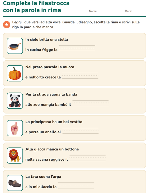 Anteprima della scheda di Parole in rima per Scuola primaria classe prima