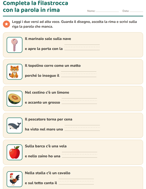 Anteprima della scheda di Parole in rima per Scuola primaria classe prima