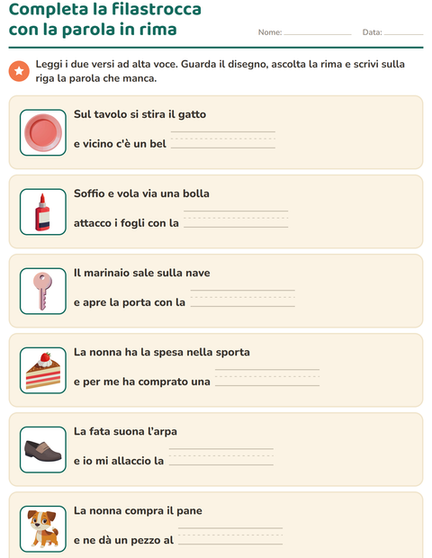 Anteprima della scheda di Parole in rima per Scuola primaria classe prima