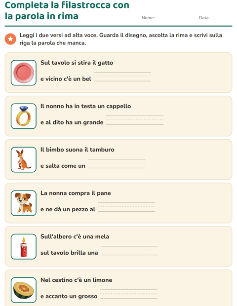 Anteprima di Completa la filastrocca con la parola in rima: sei versi a coppie