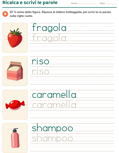 Anteprima della scheda di Parole tratteggiate con Al supermercato per Scuola dell'infanzia (5-7 anni)