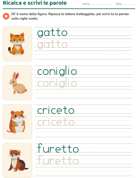 Anteprima della scheda di Parole tratteggiate con Animali domestici per Scuola dell'infanzia (5-7 anni)