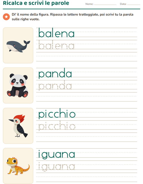 Anteprima della scheda di Parole tratteggiate con Animali per Scuola dell'infanzia (5-7 anni)