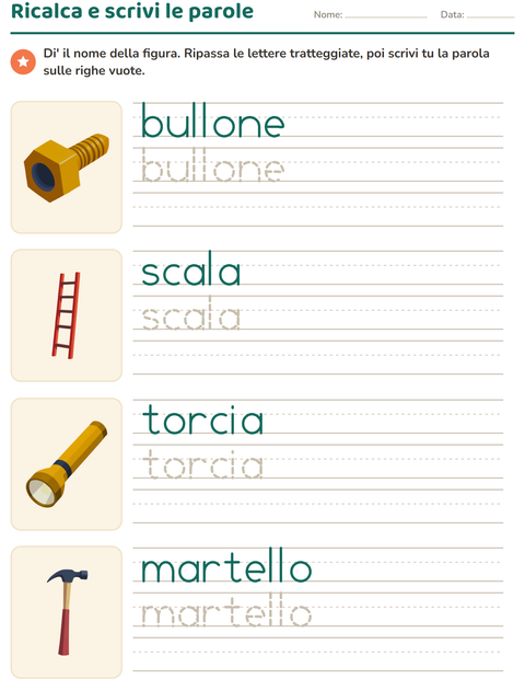 Anteprima della scheda di Parole tratteggiate con Attrezzi per Scuola dell'infanzia (5-7 anni)