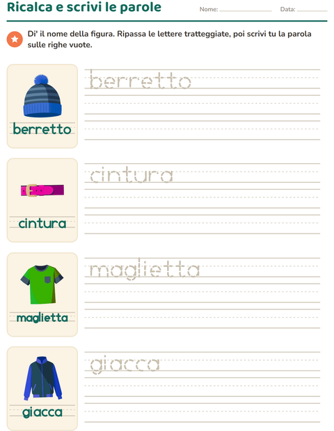 Anteprima della scheda di Parole tratteggiate con Abbigliamento per Scuola dell'infanzia (5-7 anni)