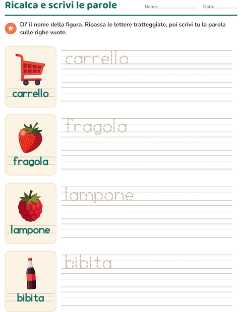 Anteprima della scheda di Parole tratteggiate con Al supermercato per Scuola dell'infanzia (5-7 anni)