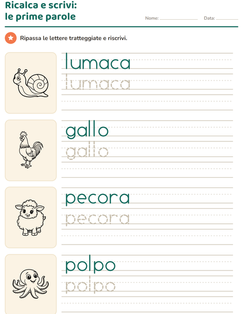 Anteprima della scheda di Parole tratteggiate con Animali BN per Scuola dell'infanzia (5-7 anni)