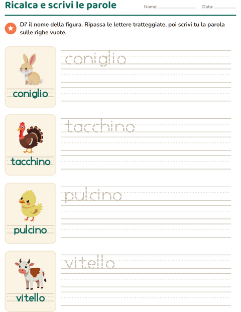 Anteprima della scheda di Parole tratteggiate con Animali della fattoria per Scuola dell'infanzia (5-7 anni)