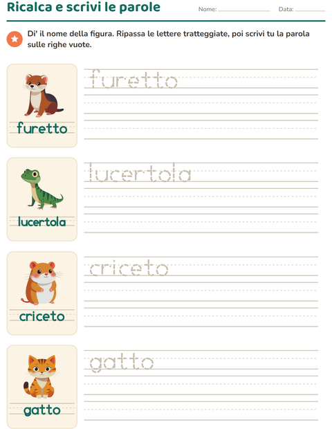 Anteprima della scheda di Parole tratteggiate con Animali domestici per Scuola dell'infanzia (5-7 anni)
