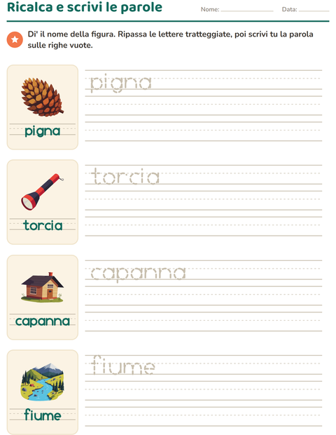 Anteprima della scheda di Parole tratteggiate con Campeggio per Scuola dell'infanzia (5-7 anni)