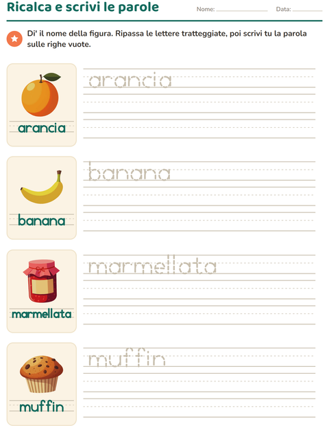Anteprima della scheda di Parole tratteggiate con Colazione per Scuola dell'infanzia (5-7 anni)