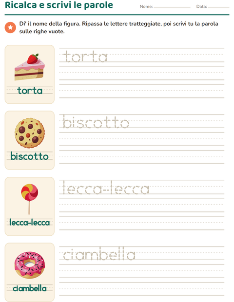Anteprima della scheda di Parole tratteggiate con Dolci e dolciumi per Scuola dell'infanzia (5-7 anni)