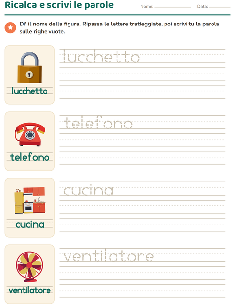 Anteprima della scheda di Parole tratteggiate con In giro per casa per Scuola dell'infanzia (5-7 anni)
